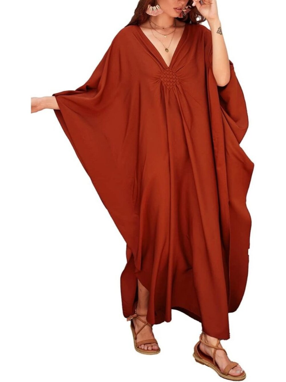 Women Plus Size Burnt Orange Kaftan Maxi Dress V Neck Batwing Swimsuit Cover Up